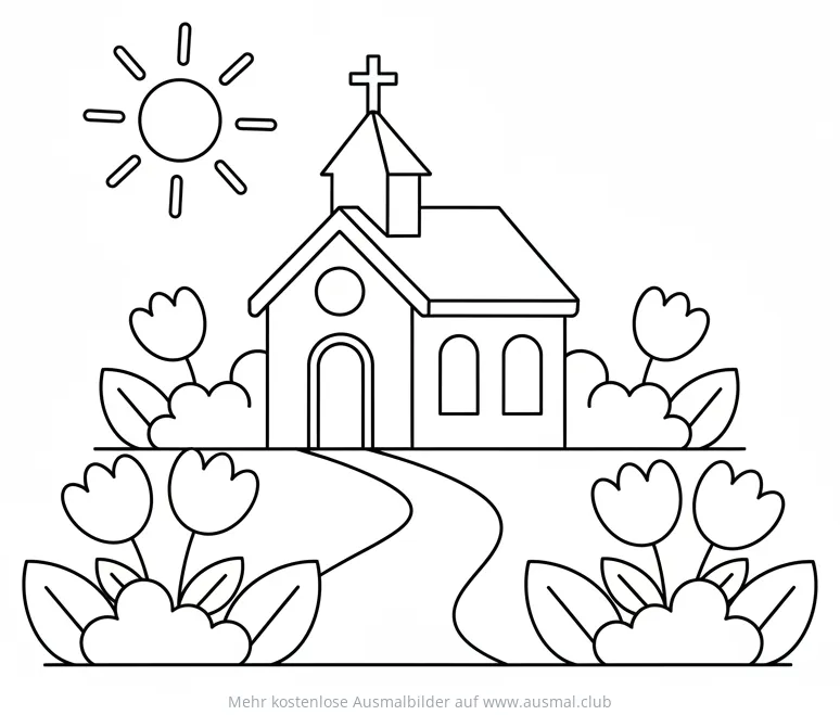 Blumenkirche Ausmalbild mit Sonne und Tulpen