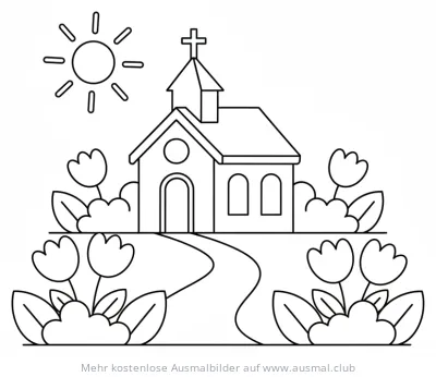 Blumenkirche Ausmalbild mit Sonne und Tulpen