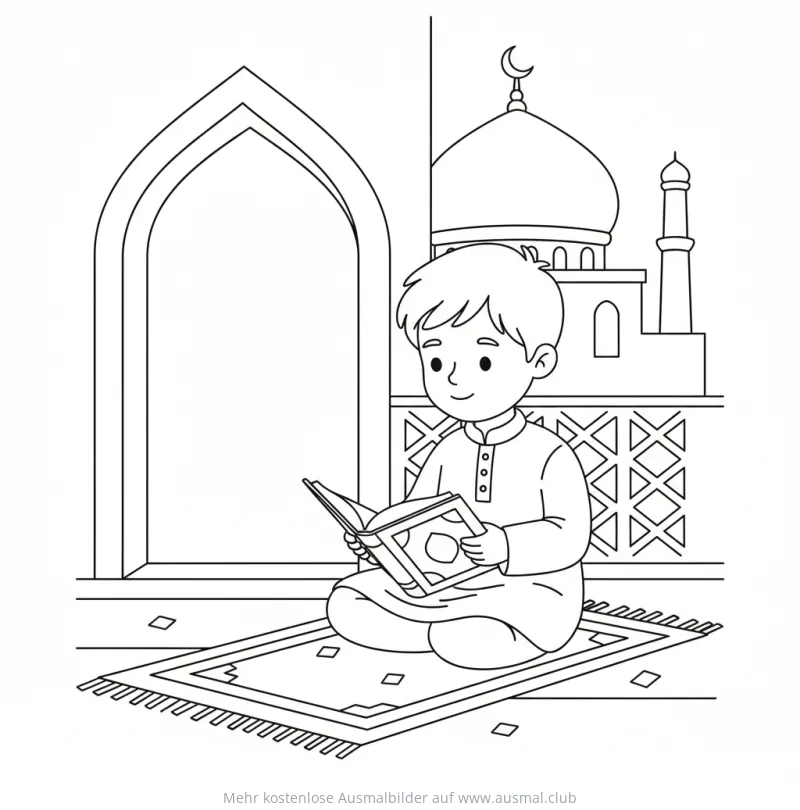 Junge liest Koran vor Moschee Ausmalbild