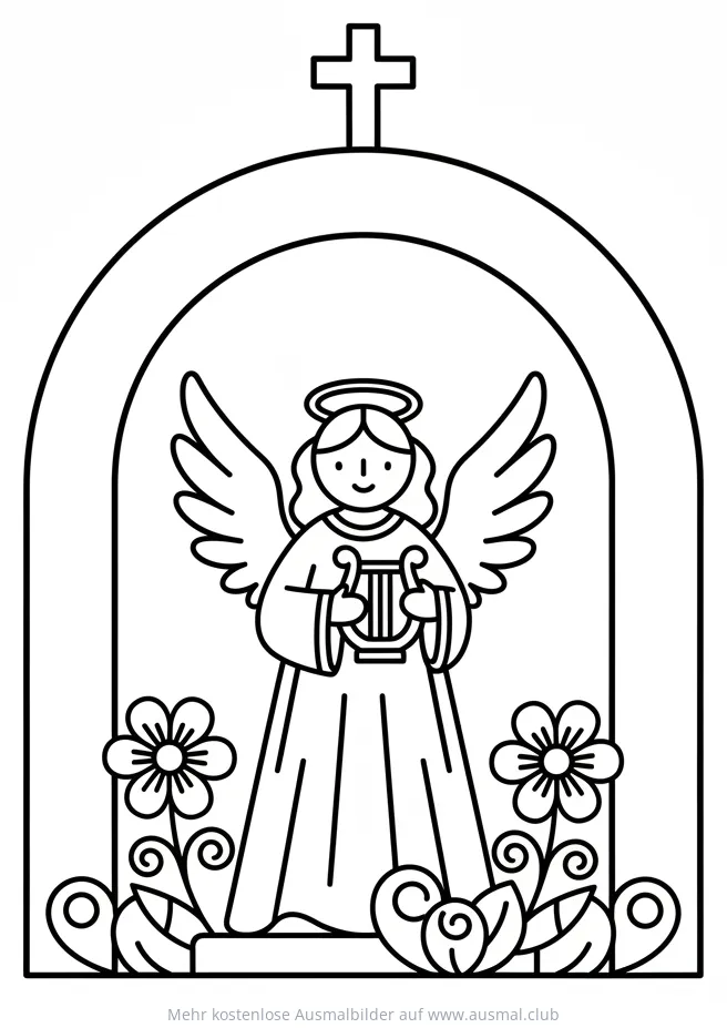 Engel mit Harfe in Kirche Ausmalbild
