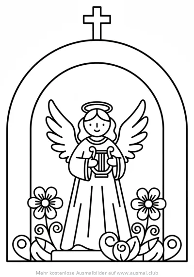Engel mit Harfe in Kirche Ausmalbild
