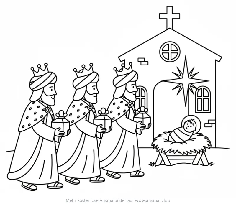 Heilige Drei Könige mit Jesuskind in der Krippe Ausmalbild