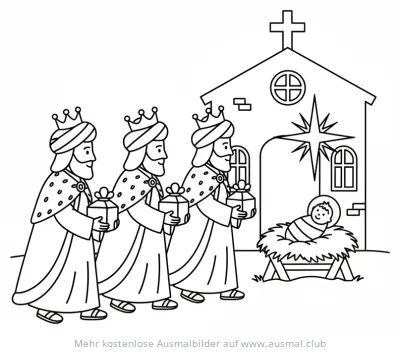 Heilige Drei Könige mit Jesuskind in der Krippe Ausmalbild