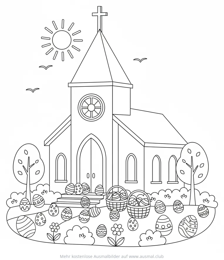 Osterkirche Ausmalbild mit Ostereiern und Körben