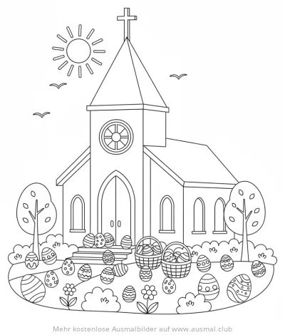 Osterkirche Ausmalbild mit Ostereiern und Körben
