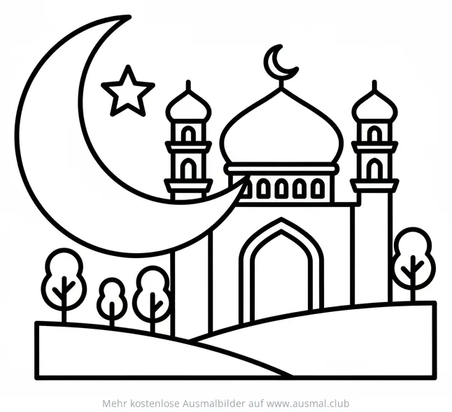 Moschee mit Mondsichel und Stern Ausmalbild für Ramadan