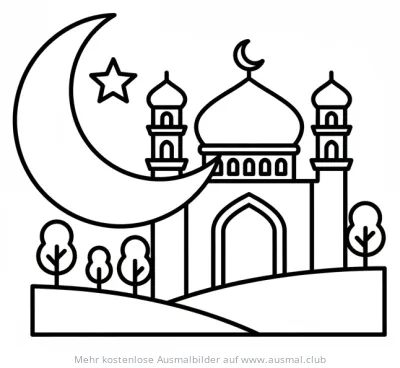 Moschee mit Mondsichel und Stern Ausmalbild für Ramadan