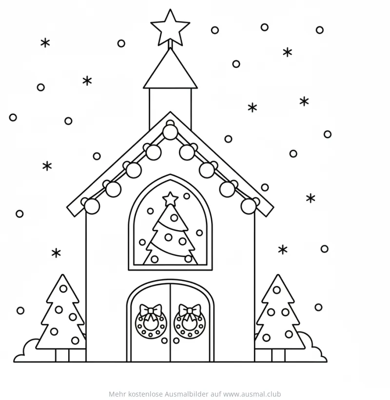 Weihnachtskirche mit Weihnachtsbaum und Dekoration Ausmalbild