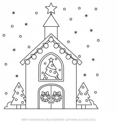 Weihnachtskirche mit Weihnachtsbaum und Dekoration Ausmalbild