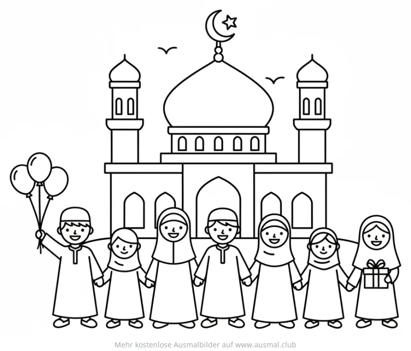 Moschee mit Kindern Ausmalbild für Eid