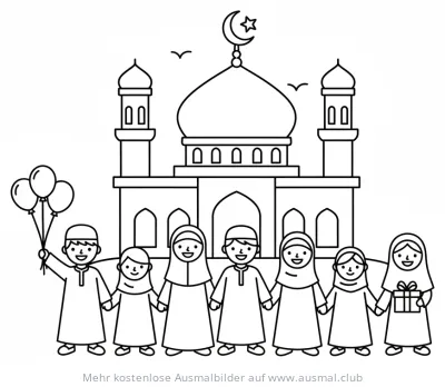 Moschee mit Kindern Ausmalbild für Eid