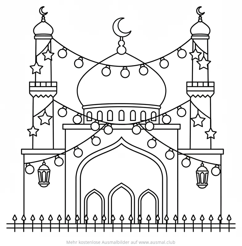 Moschee Ausmalbild mit Ramadan-Lichtern und Sternen