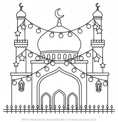 Moschee Ausmalbild mit Ramadan-Lichtern und Sternen