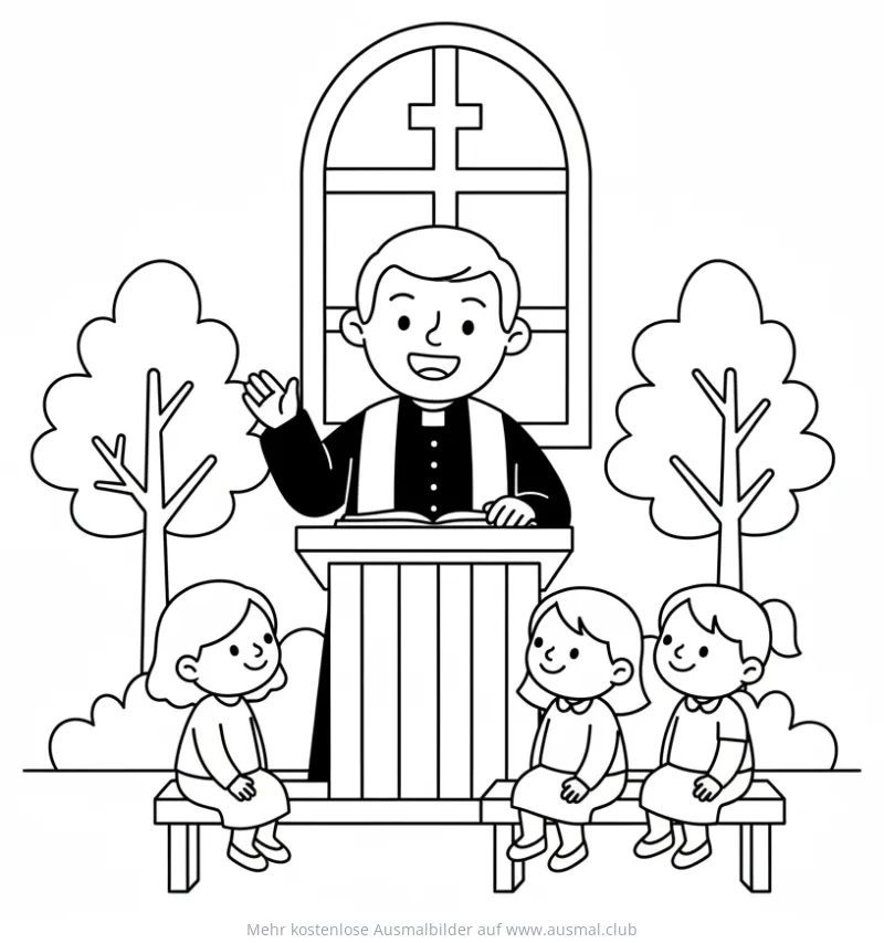 Priester hält Predigt vor Kindern Ausmalbild