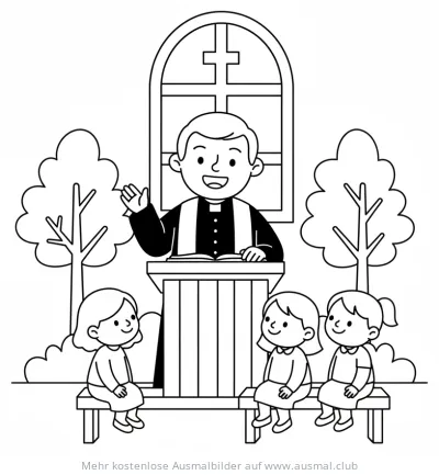 Priester hält Predigt vor Kindern Ausmalbild
