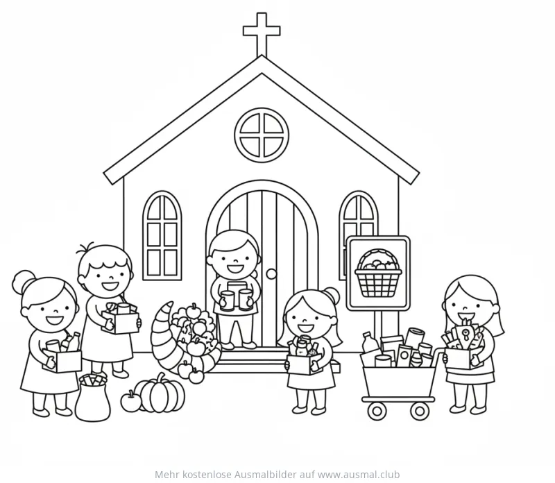 Kinder bringen Spenden zur Kirche, Erntedank Ausmalbild