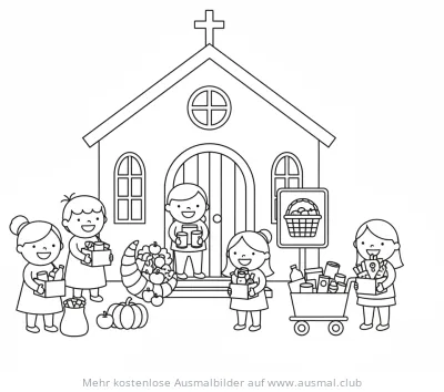 Kinder bringen Spenden zur Kirche, Erntedank Ausmalbild