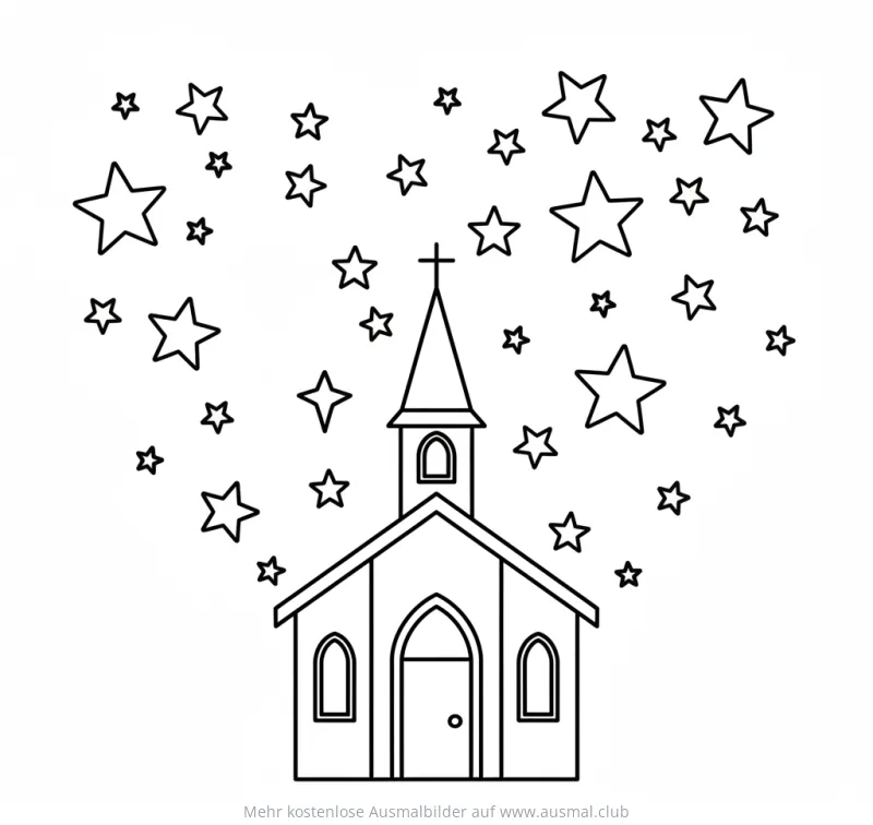 Kirche mit Sternenhimmel Ausmalbild