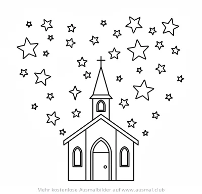 Kirche mit Sternenhimmel Ausmalbild