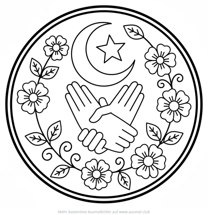 Islamische Grüße mit Blumen, Halbmond und Stern Ausmalbild
