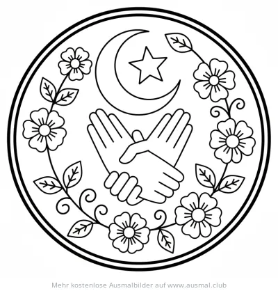 Islamische Grüße mit Blumen, Halbmond und Stern Ausmalbild