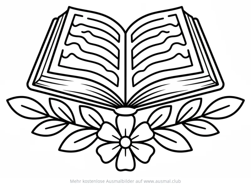 Offener Koran mit Blume und Blätter Ausmalbild