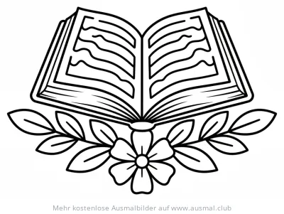 Offener Koran mit Blume und Blätter Ausmalbild