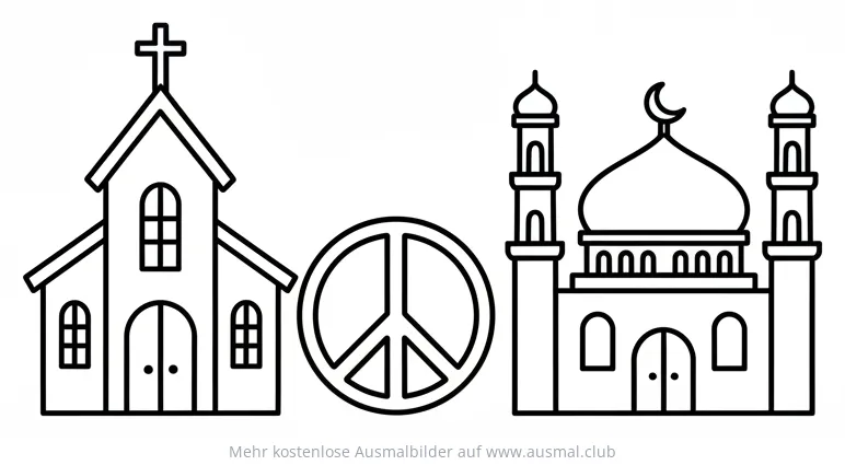 Kirche, Friedenszeichen und Moschee Ausmalbild