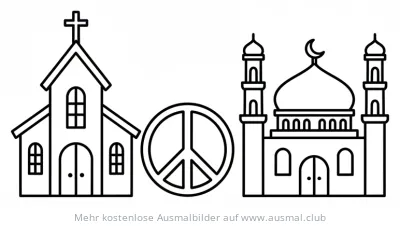 Kirche, Friedenszeichen und Moschee Ausmalbild