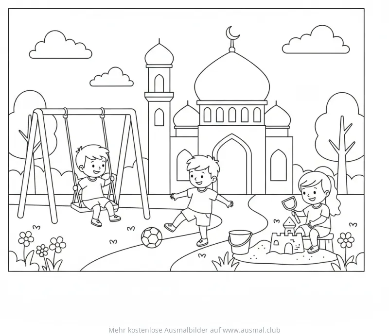 Kinder spielen vor einer Moschee Ausmalbild