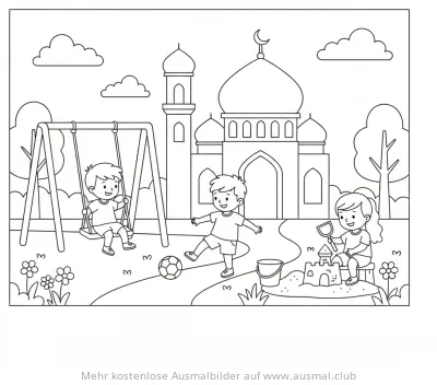 Kinder spielen vor einer Moschee Ausmalbild