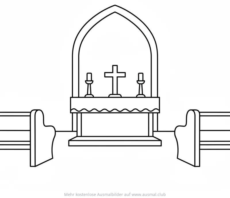 Kirchen Altar mit Kreuz und Kirchenbänke Ausmalbild