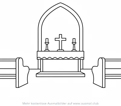 Kirchen Altar mit Kreuz und Kirchenbänke Ausmalbild