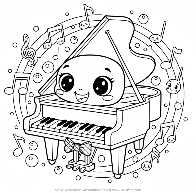Klavier mit Gesicht und Noten Ausmalbild im Cartoon-Stil