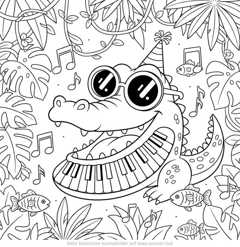 Klavier spielender Alligator mit Sonnenbrille Ausmalbild