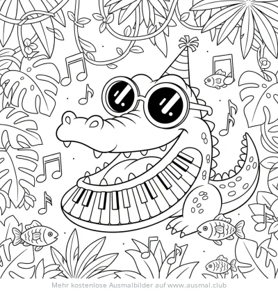 Klavier spielender Alligator mit Sonnenbrille Ausmalbild