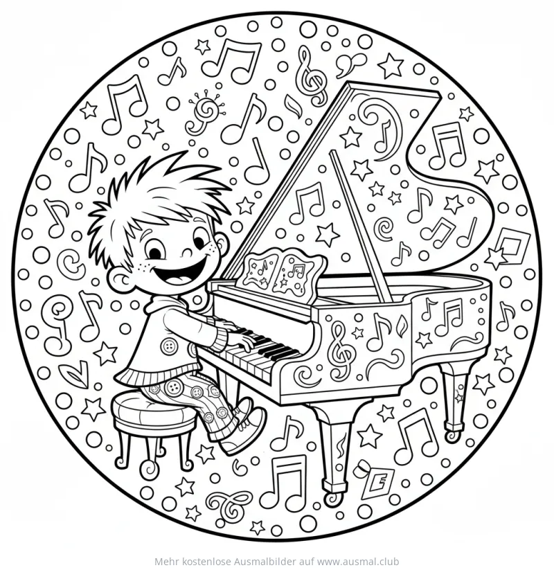 Junge spielt Klavier Ausmalbild mit Noten und Sternen