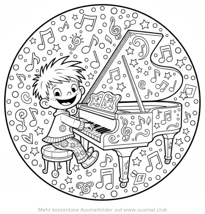 Junge spielt Klavier Ausmalbild mit Noten und Sternen
