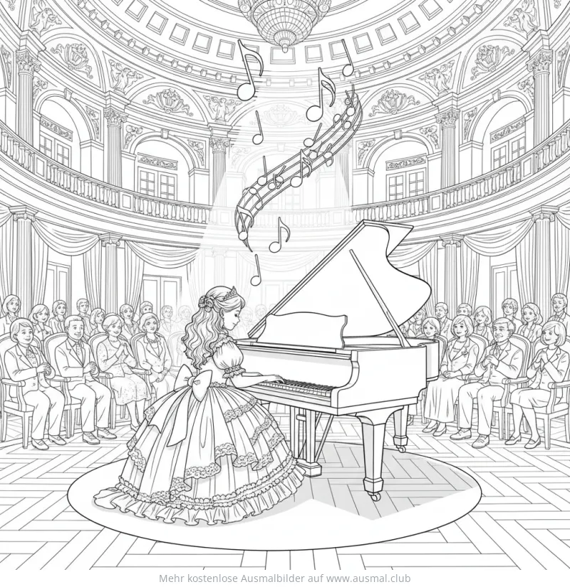 Mädchen spielt Klavier im Konzertsaal Ausmalbild