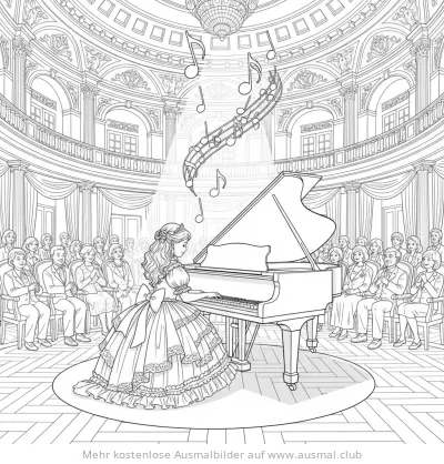 Mädchen spielt Klavier im Konzertsaal Ausmalbild