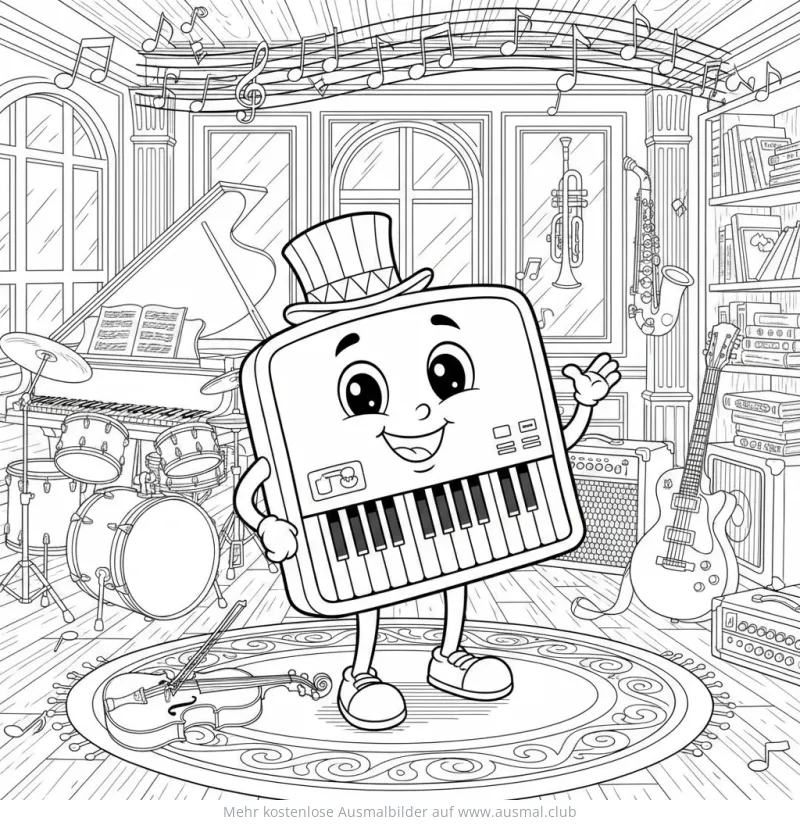 Fröhliches Keyboard mit Zylinderhut Ausmalbild in Musikzimmer