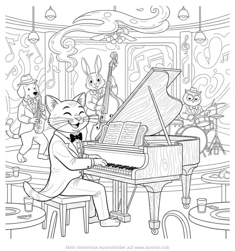 Tierische Jazz Band mit Katze am Klavier Ausmalbild