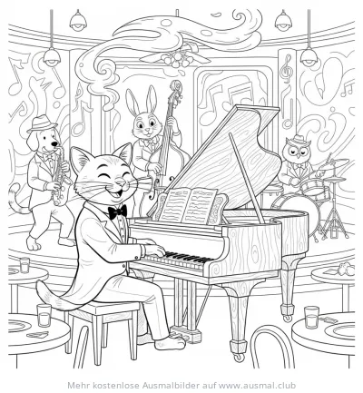 Tierische Jazz Band mit Katze am Klavier Ausmalbild