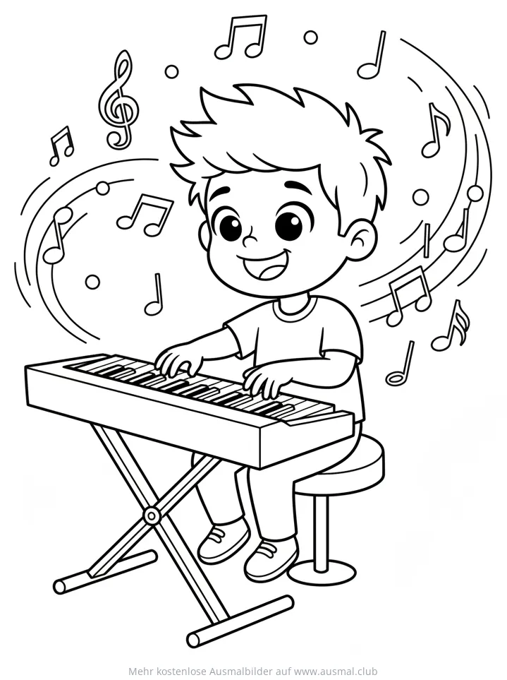 Junge spielt Keyboard Ausmalbild mit Noten