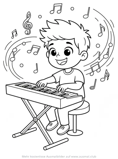 Junge spielt Keyboard Ausmalbild mit Noten