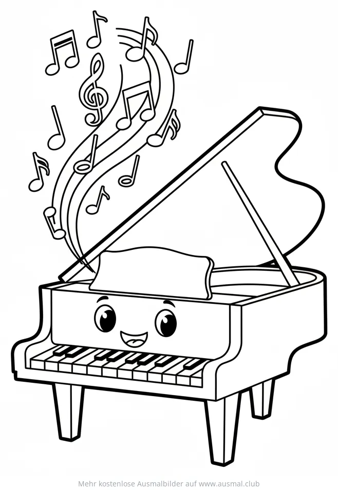 Lächelndes Klavier mit Noten Ausmalbild