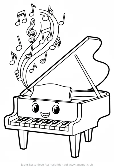 Lächelndes Klavier mit Noten Ausmalbild
