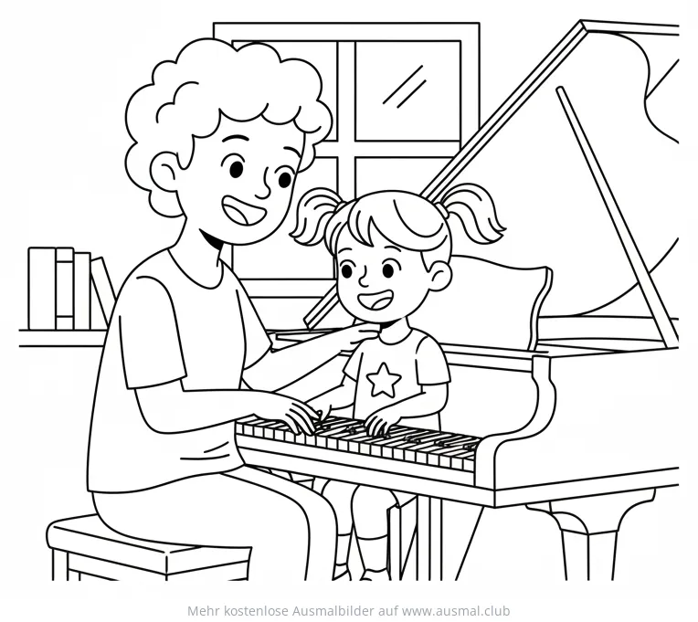 Klavierlehrer und Schülerin beim Klavierunterricht Ausmalbild