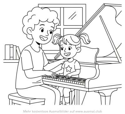 Klavierlehrer und Schülerin beim Klavierunterricht Ausmalbild
