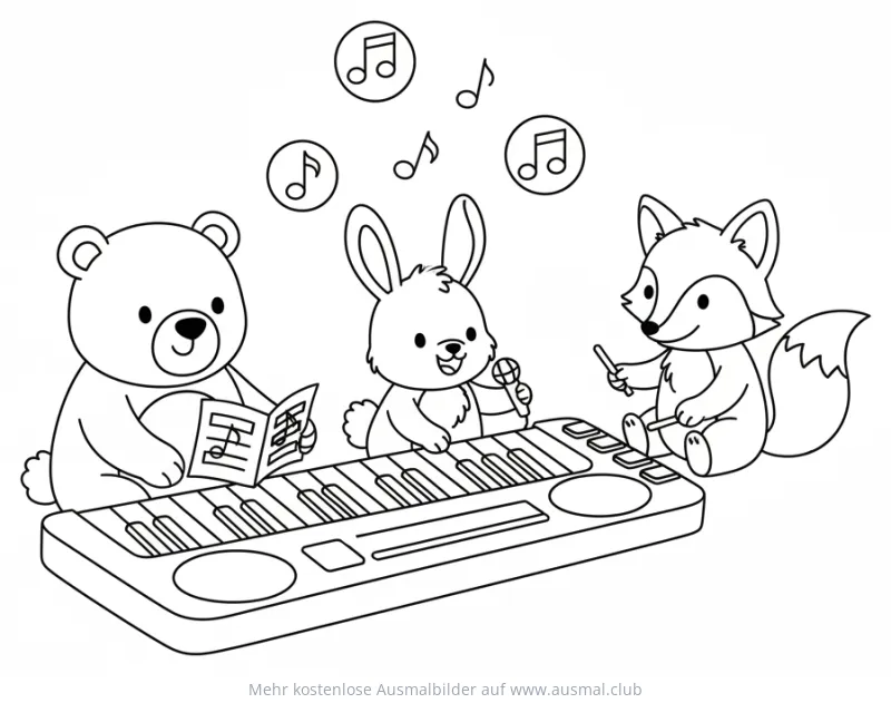 Bär, Hase und Fuchs spielen Klavier und Schlagzeug Ausmalbild